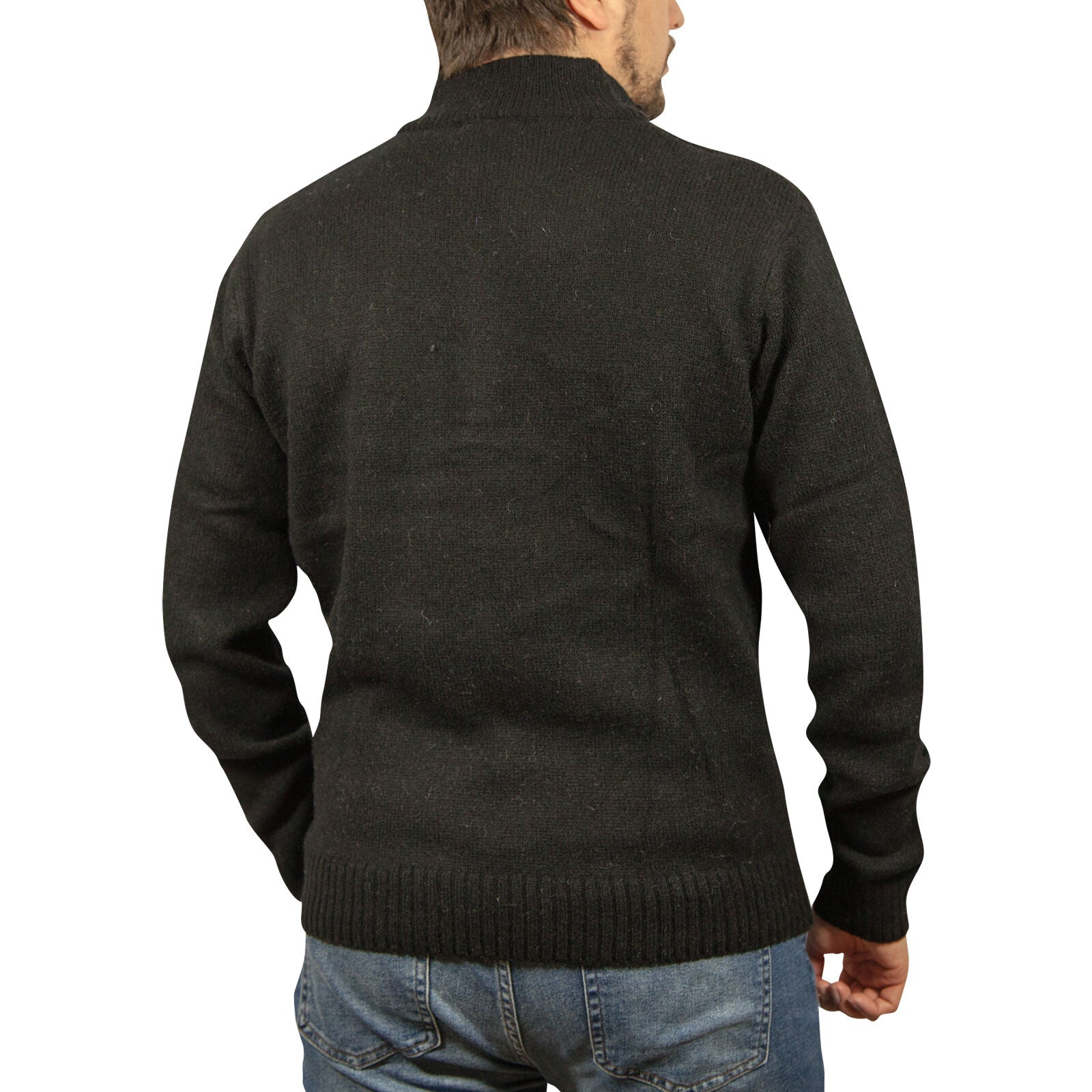 100% SHETLAND RAGG WOOL Half Zip Up Knit JUMPER Pullover Mens Sweater Knitted - Plain Black - 6XL