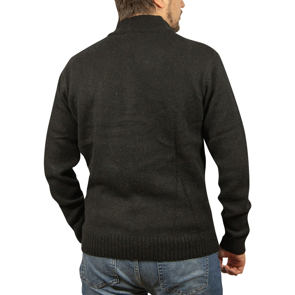 100% SHETLAND RAGG WOOL Half Zip Up Knit JUMPER Pullover Mens Sweater Knitted - Plain Black - M