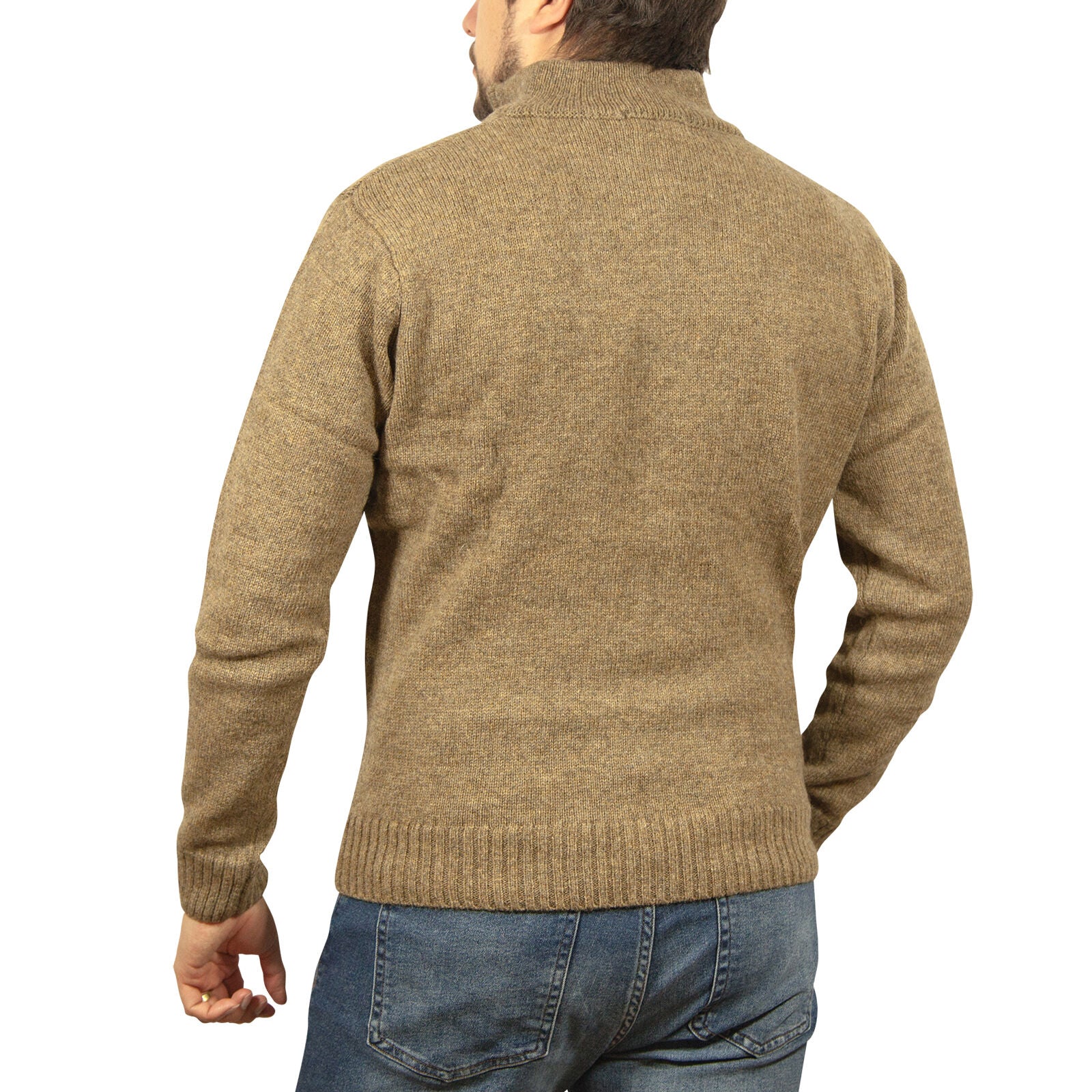 100% SHETLAND RAGG WOOL Half Zip Up Knit JUMPER Pullover Mens Sweater Knitted - Nutmeg - 5XL