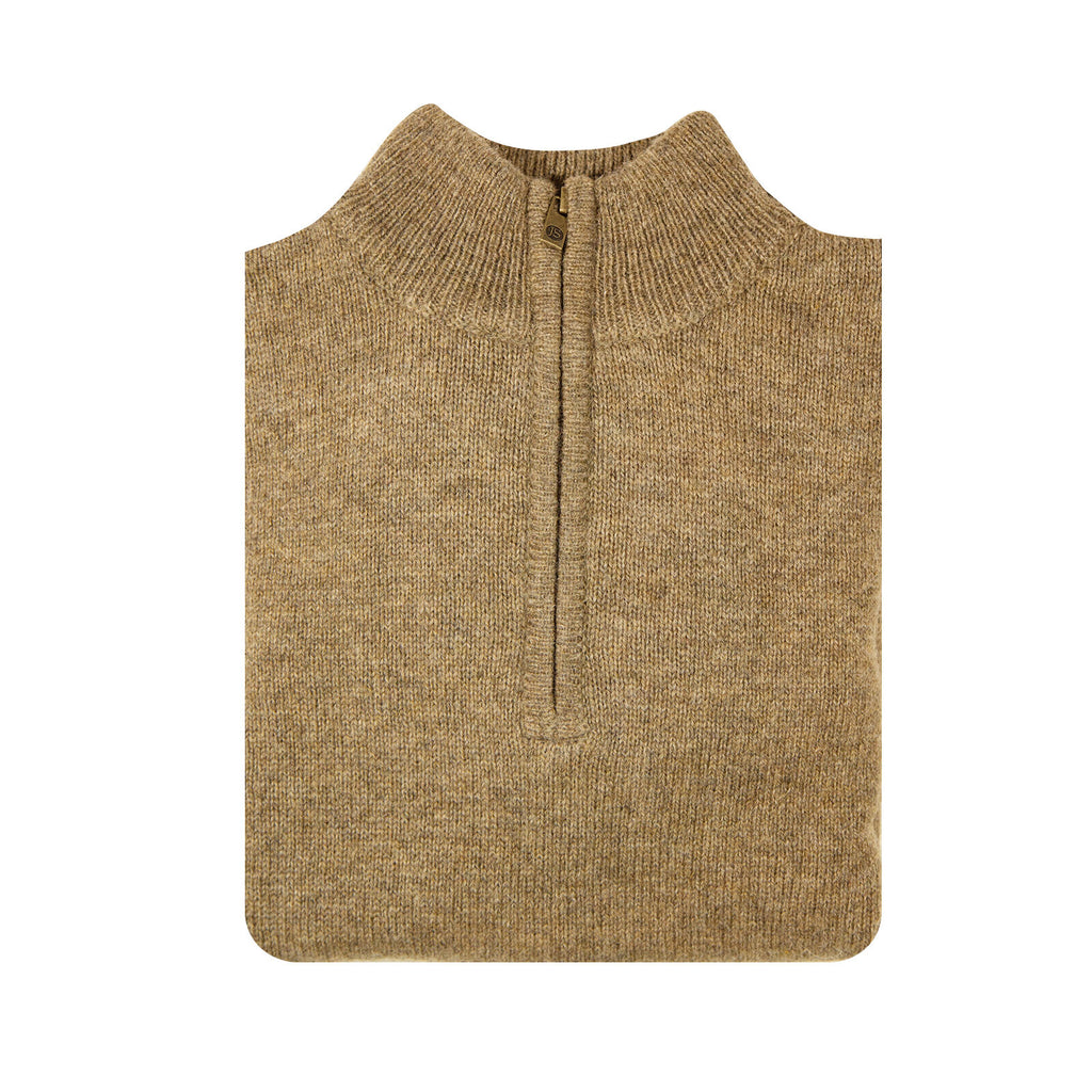 100% SHETLAND RAGG WOOL Half Zip Up Knit JUMPER Pullover Mens Sweater Knitted - Nutmeg - L