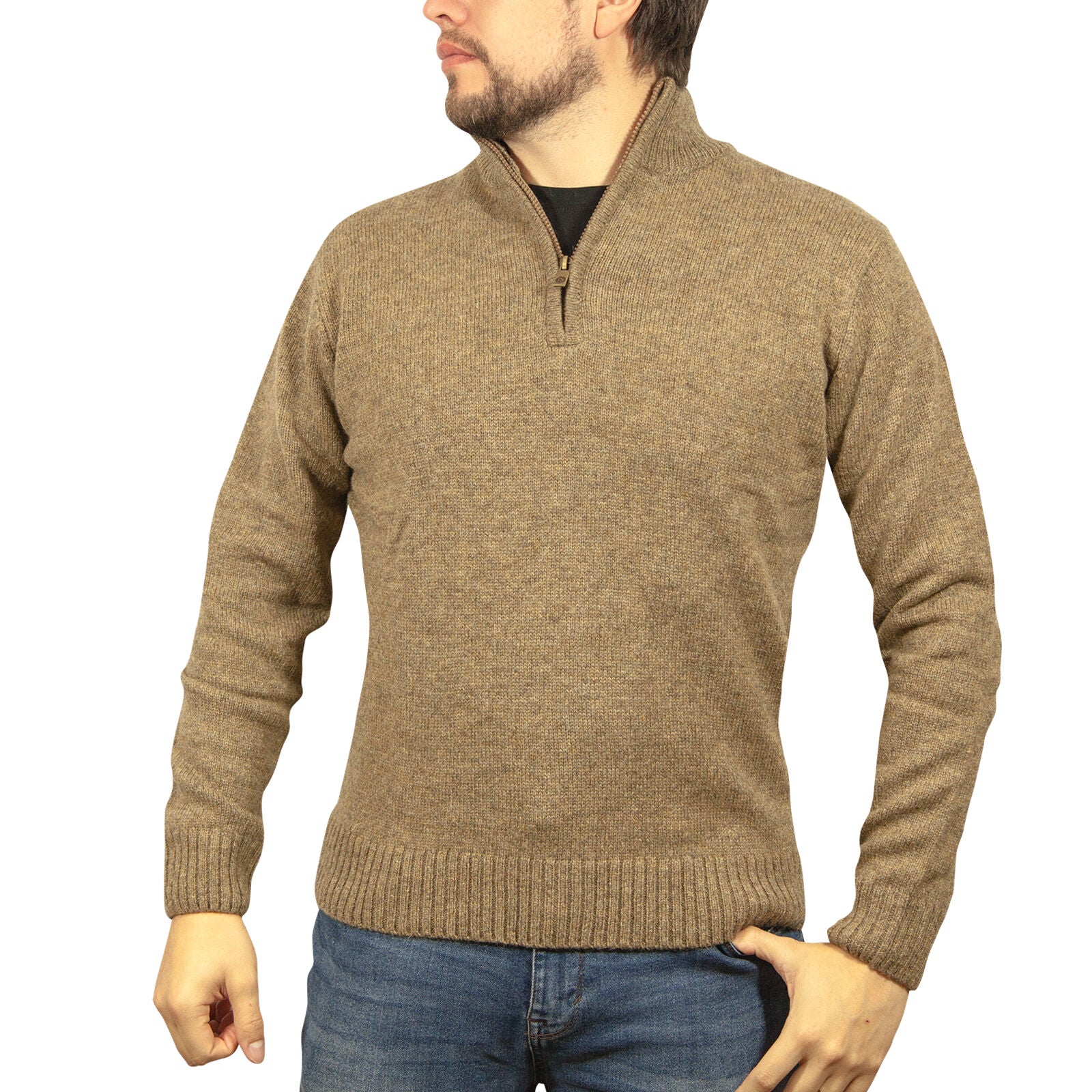 100% SHETLAND RAGG WOOL Half Zip Up Knit JUMPER Pullover Mens Sweater Knitted - Nutmeg - M