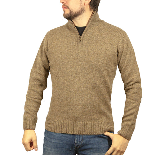100% SHETLAND RAGG WOOL Half Zip Up Knit JUMPER Pullover Mens Sweater Knitted - Nutmeg - M