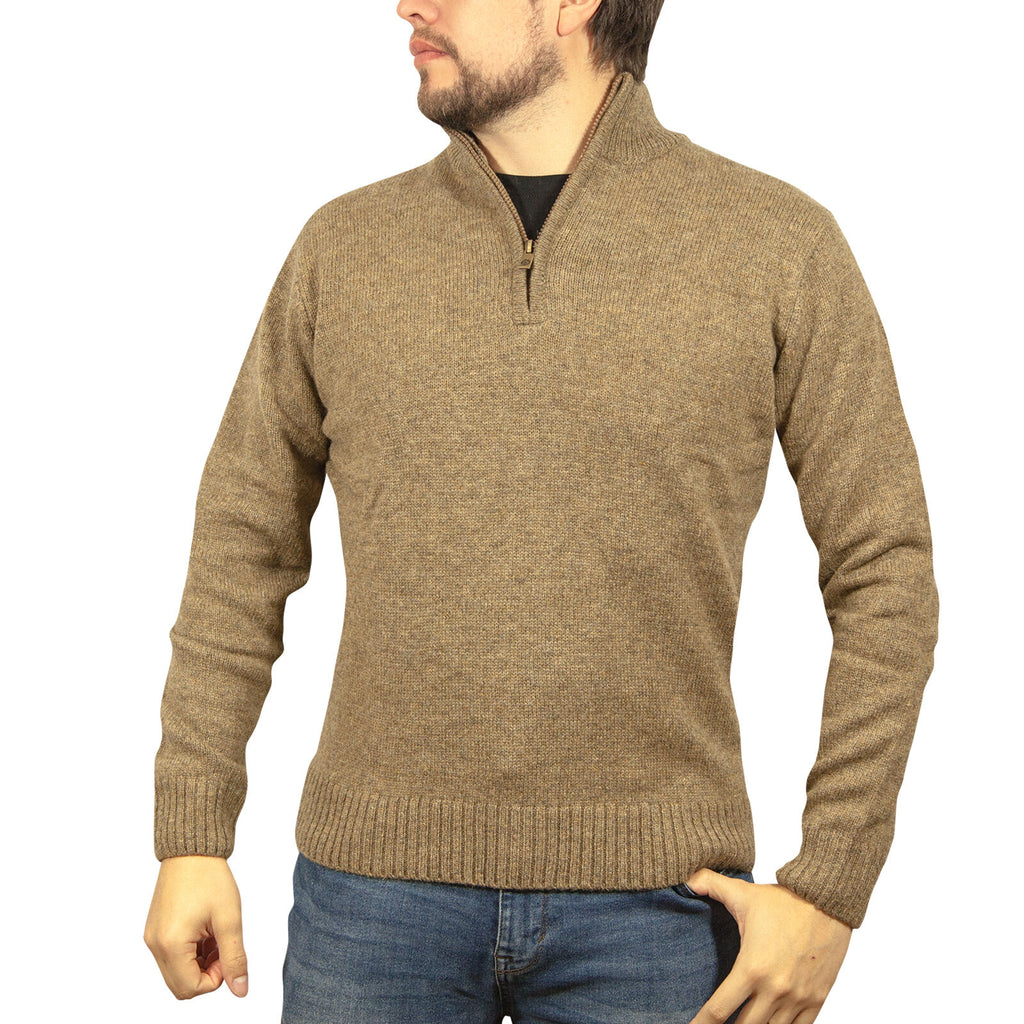 100% SHETLAND RAGG WOOL Half Zip Up Knit JUMPER Pullover Mens Sweater Knitted - Nutmeg - S