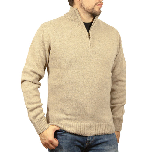 100% SHETLAND RAGG WOOL Half Zip Up Knit JUMPER Pullover Mens Sweater Knitted - Oat Marle - 5XL