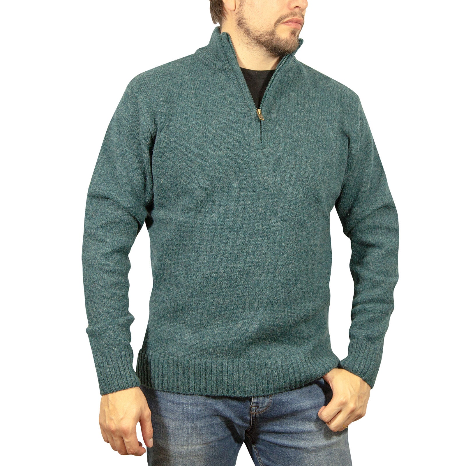 100% SHETLAND RAGG WOOL Half Zip Up Knit JUMPER Pullover Mens Sweater Knitted - Sherwood - 4XL