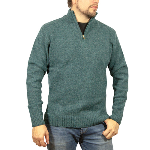 100% SHETLAND RAGG WOOL Half Zip Up Knit JUMPER Pullover Mens Sweater Knitted - Sherwood - 4XL