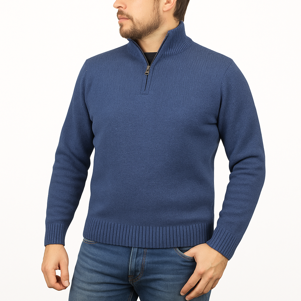 100% SHETLAND RAGG WOOL Half Zip Up Knit JUMPER Pullover Mens Sweater Knitted in Sky  - S