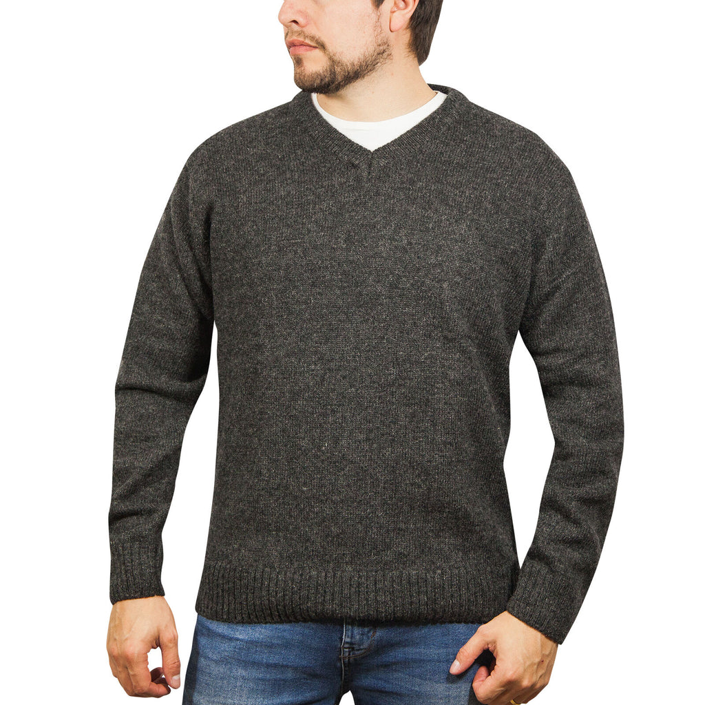 100% Shetland Ragg Wool V Neck Knit Jumper Pullover Mens Sweater Knitted - Charcoal - 5XL