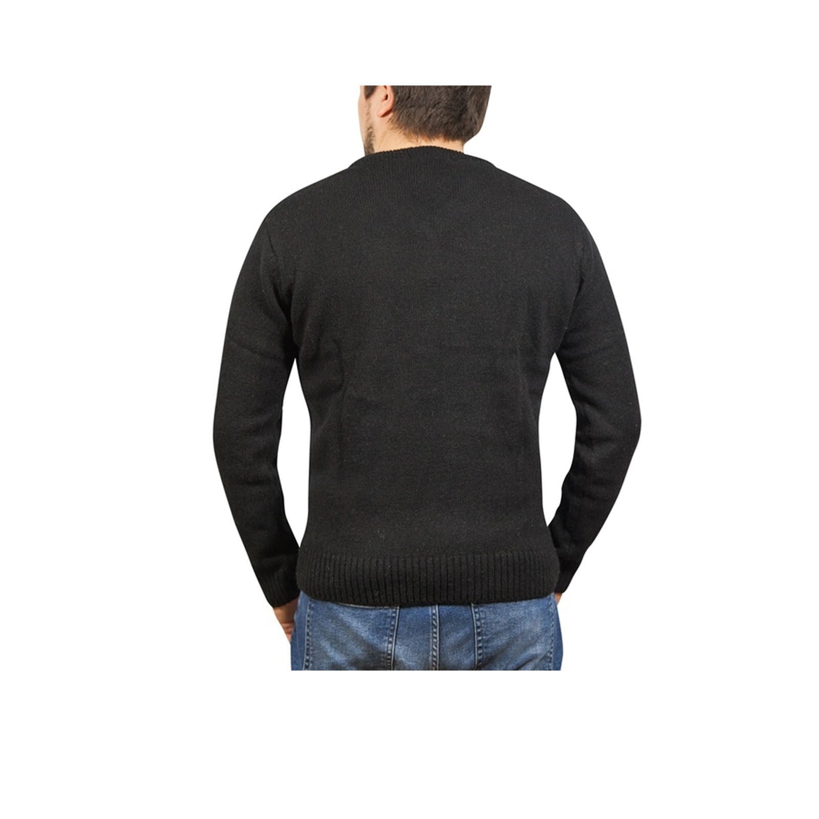 100% Shetland Ragg Wool V Neck Knit Jumper Pullover Mens Sweater Knitted - Plain Black - 3XL