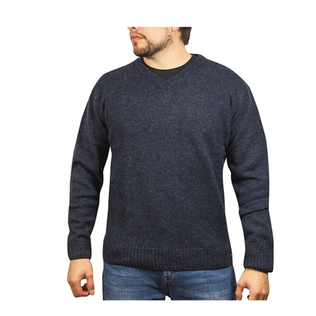 100% Shetland Ragg Wool V Neck Knit Jumper Pullover Mens Sweater Knitted - Navy - 3XL