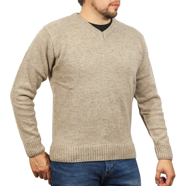 100% Shetland Ragg Wool V Neck Knit Jumper Pullover Mens Sweater Knitted - Oat Marle - 5XL
