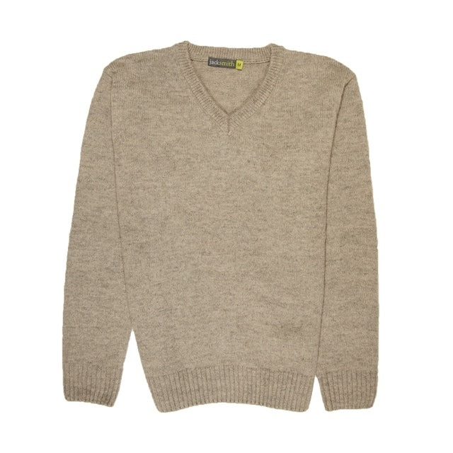 100% Shetland Ragg Wool V Neck Knit Jumper Pullover Mens Sweater Knitted - Oat Marle - M