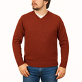 100% Shetland Ragg Wool V Neck Knit Jumper Pullover Mens Sweater Knitted - Rust Size M
