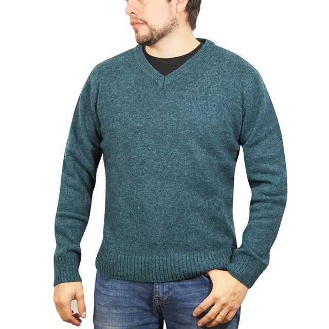 100% Shetland Ragg Wool V Neck Knit Jumper Pullover Mens Sweater Knitted - Sherwood - 4XL