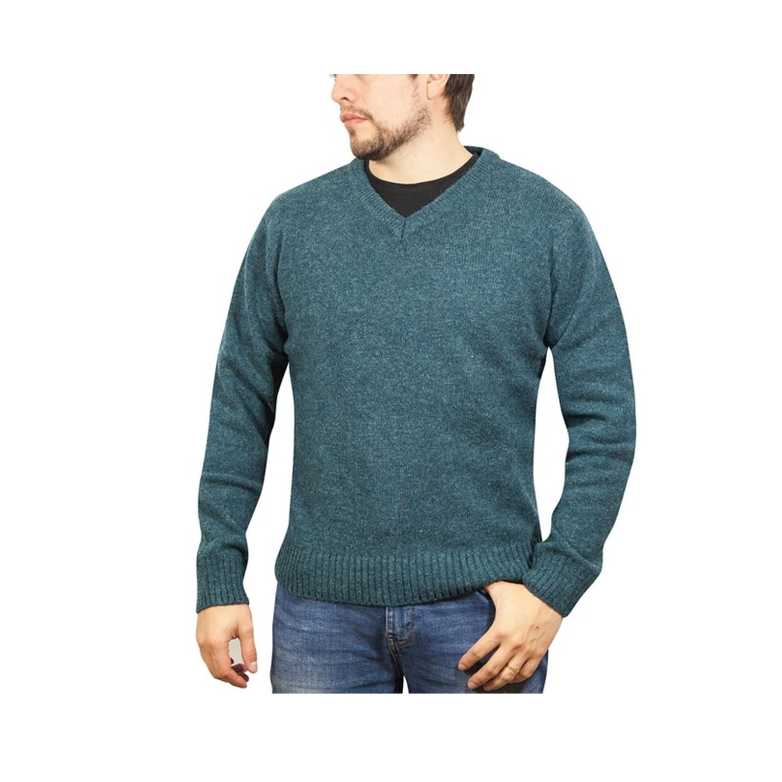 100% Shetland Ragg Wool V Neck Knit Jumper Pullover Mens Sweater Knitted - Sherwood - 4XL