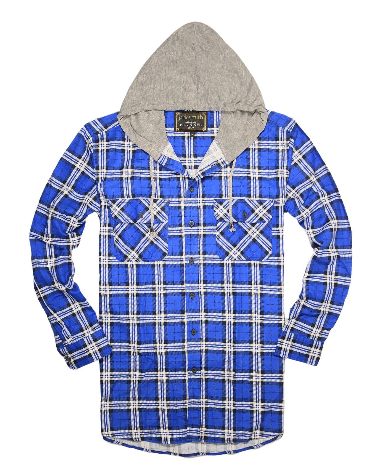 Mens Cotton Flannelette Shirt w Jersey Hood Long Sleeve Flannel - Spanish Blue - L