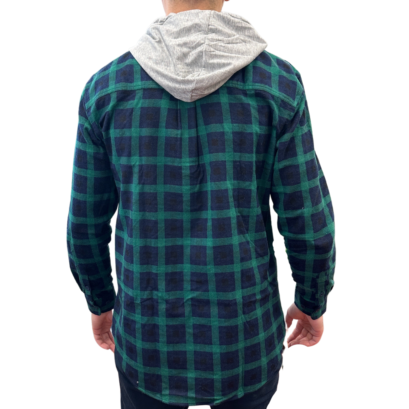 Mens Cotton Flannelette Shirt w Jersey Hood Long Sleeve Flannel - Green - S