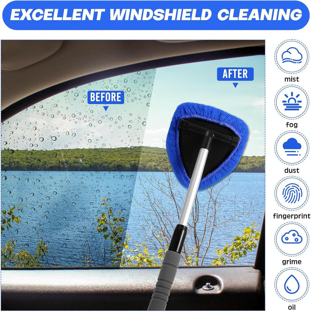Red Car Windshield Cleaner Tool, Inside with 4 Reusable and Washable Microfiber Pads and Extendable Handle, Moisture Removal Tool