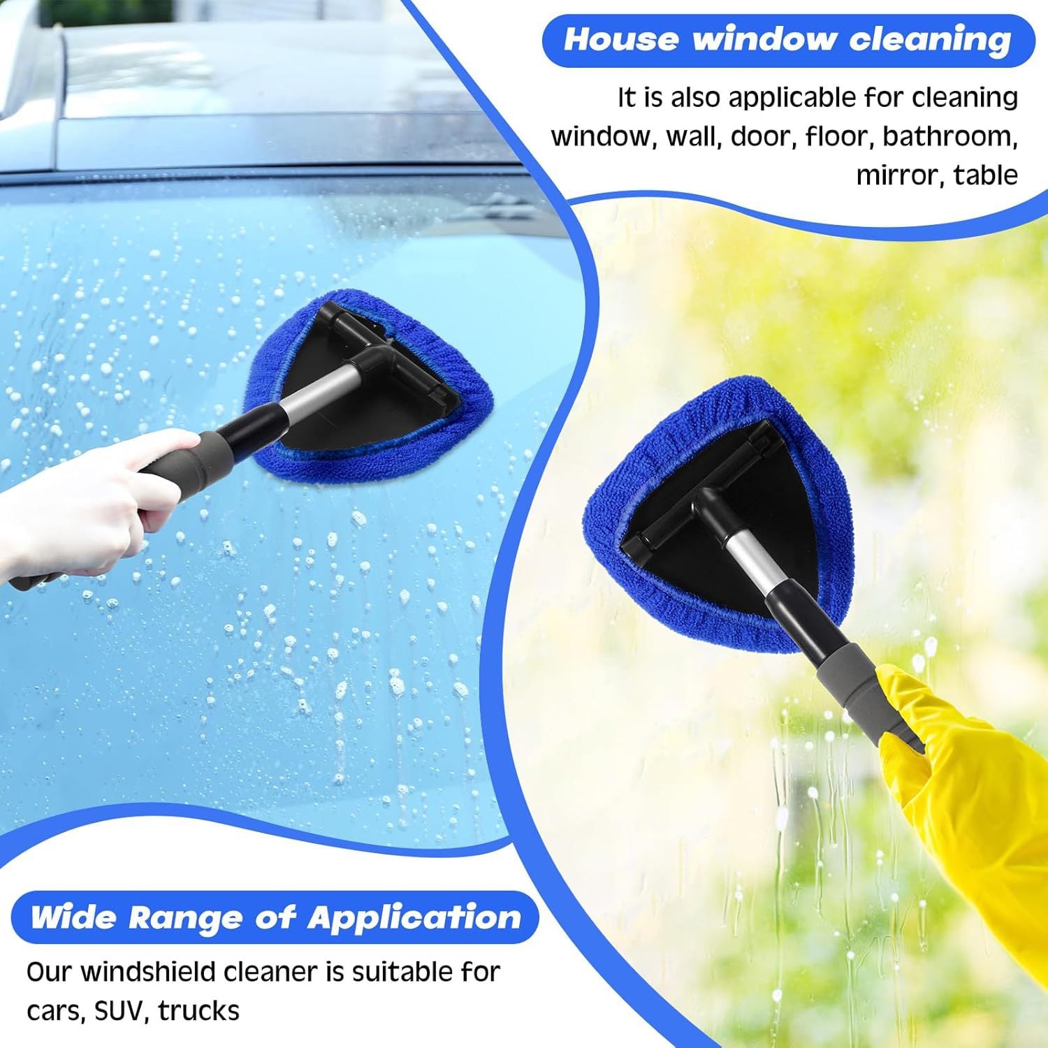 Red Car Windshield Cleaner Tool, Inside with 4 Reusable and Washable Microfiber Pads and Extendable Handle, Moisture Removal Tool