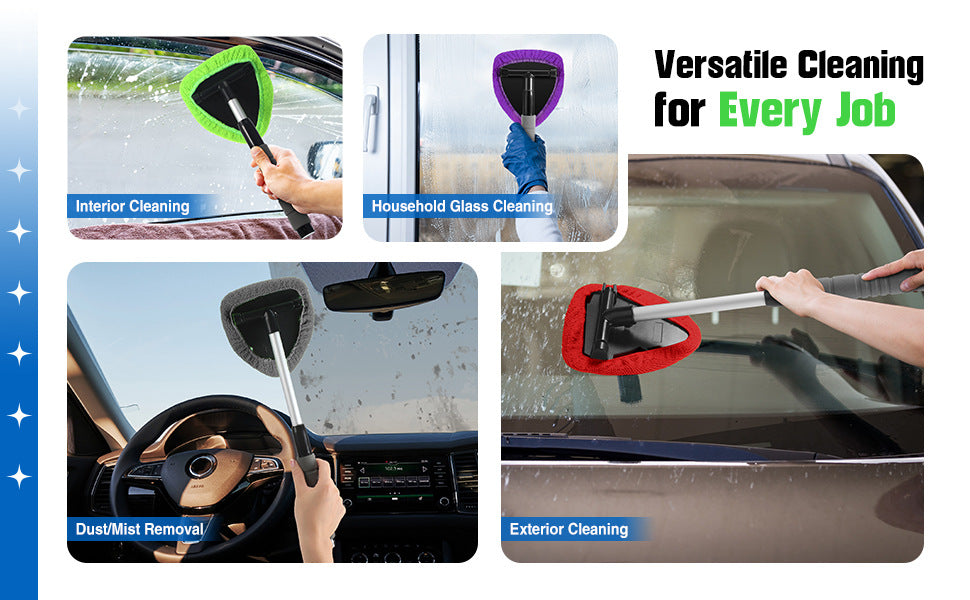 Red Car Windshield Cleaner Tool, Inside with 4 Reusable and Washable Microfiber Pads and Extendable Handle, Moisture Removal Tool
