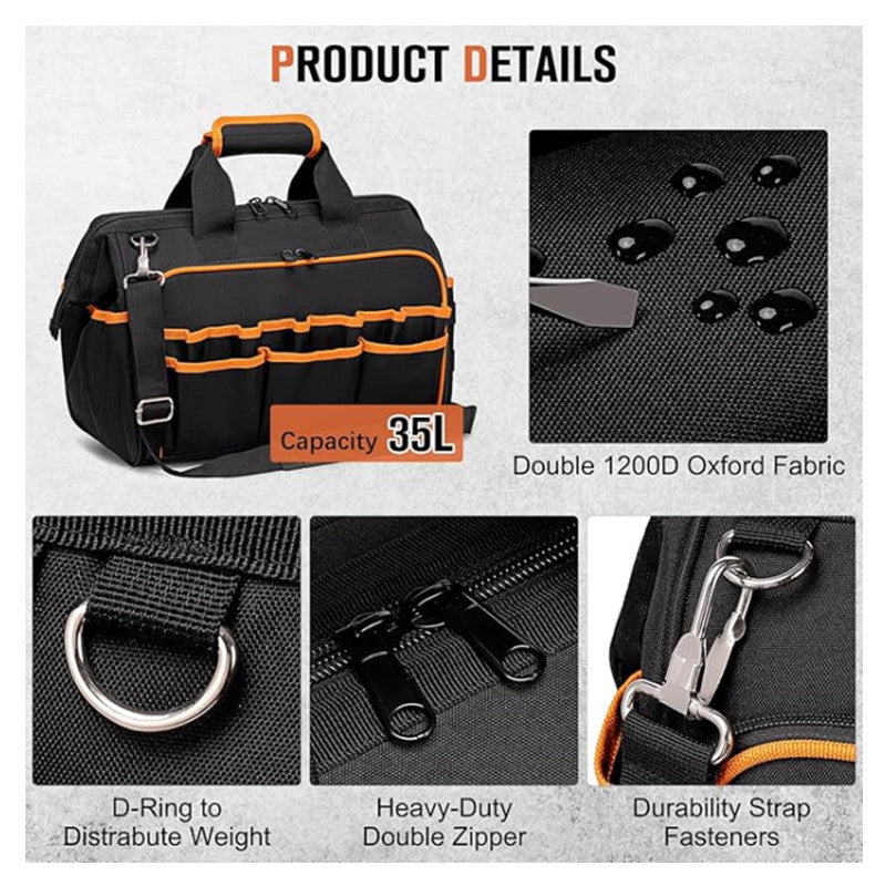 Heavy-Duty 17-Inch Tool Bag with 46 Pockets, Waterproof Base & Shoulder Strap(Black Orange)