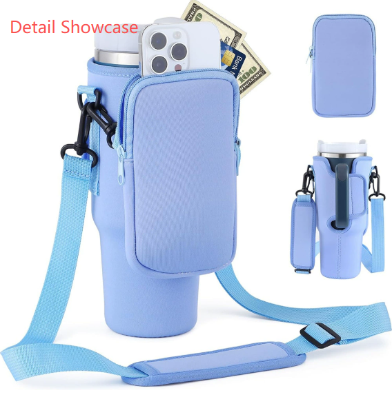 Beige Crossbody Tumbler Carrier with Detachable Wallet Pouch and Adjustable Strap