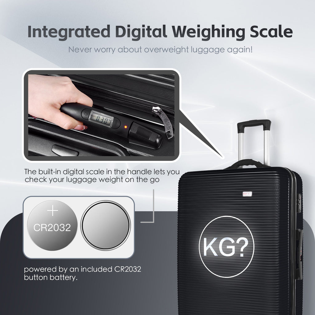 3-Piece Digital Luggage Set (20″/24″/28″) with Weighing Scale & USB Charging – Black
