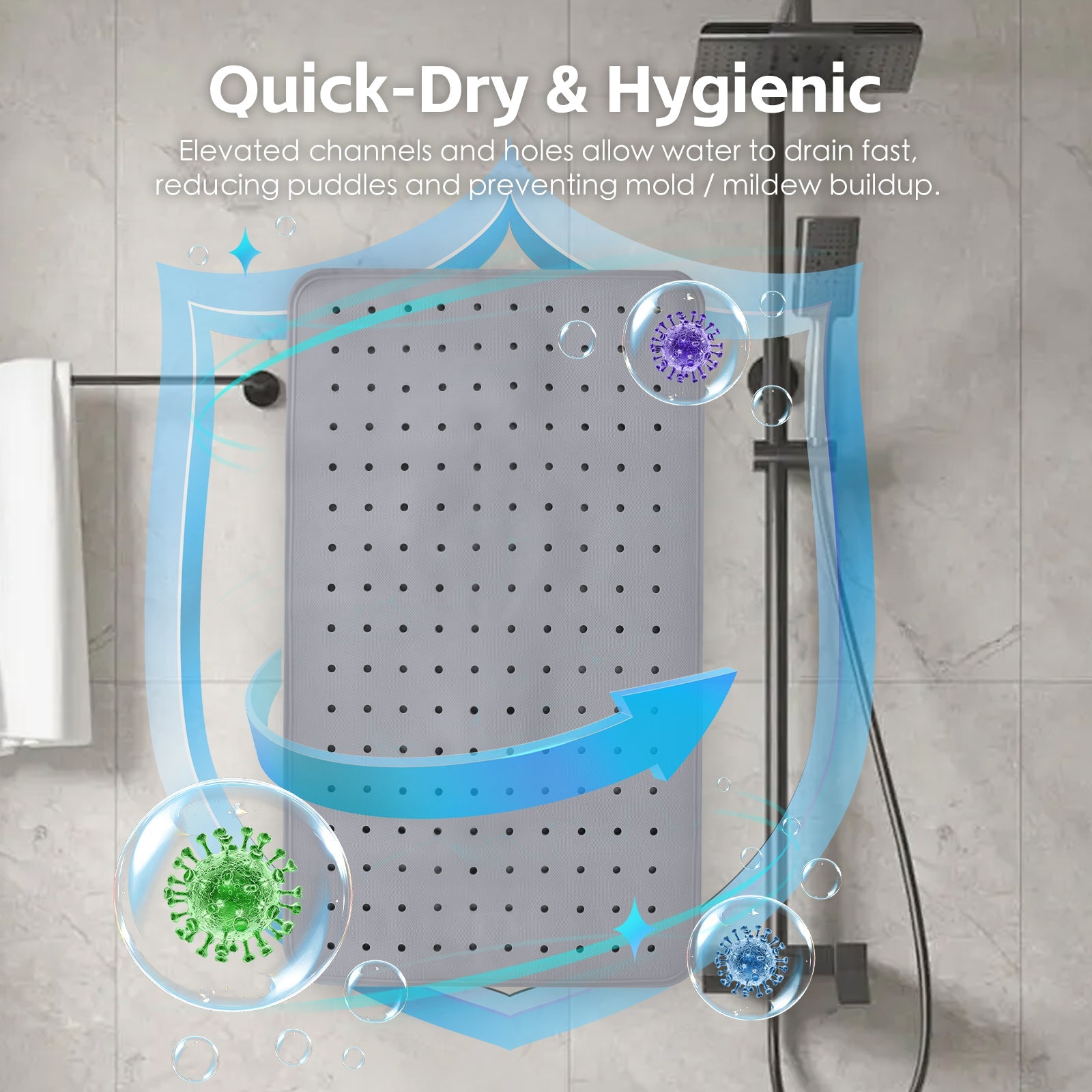 2Pack 70×40 cm Anti‑Slip Grip Shower Mat Quick‑Dry Bath Mat with 100+ Suction Cups