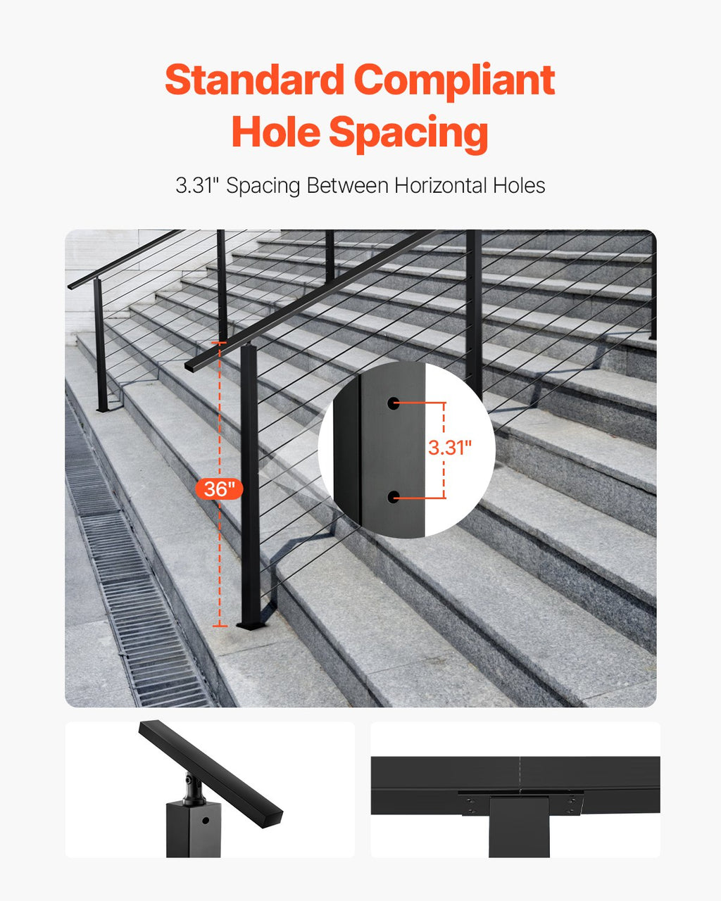 VEVOR Cable Railing Post, 36x2x2 Inch Stair Railing Post, with Pre-Drilled 30° Angled Holes, Stainless Steel Cable Rail Post with Horizontal and Curved Bracket, 1-Pack, Black, 1JZLGZXHS914YIVIS001V0