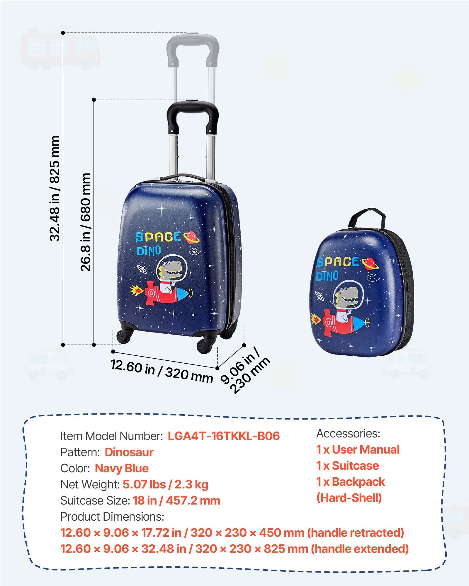 VEVOR Kids Luggage Set, 2 Piece, 45.7 cm Hardside Rolling Wheels Suitcase with Hard-Shell Backpack, Dinosaur Kids Carry on Luggage Set, Holiday Birthday Present for Girls & Boys, Airline Approved