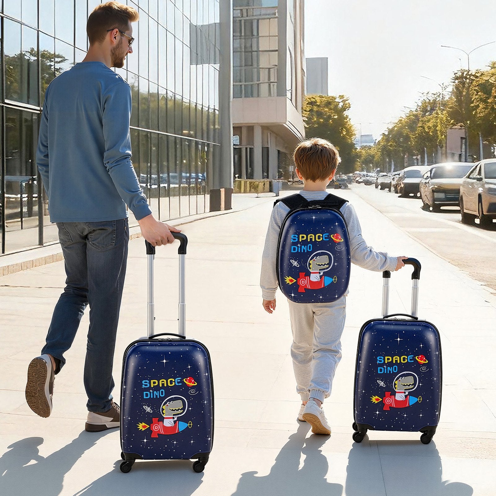 VEVOR Kids Luggage Set, 2 Piece, 45.7 cm Hardside Rolling Wheels Suitcase with Hard-Shell Backpack, Dinosaur Kids Carry on Luggage Set, Holiday Birthday Present for Girls & Boys, Airline Approved