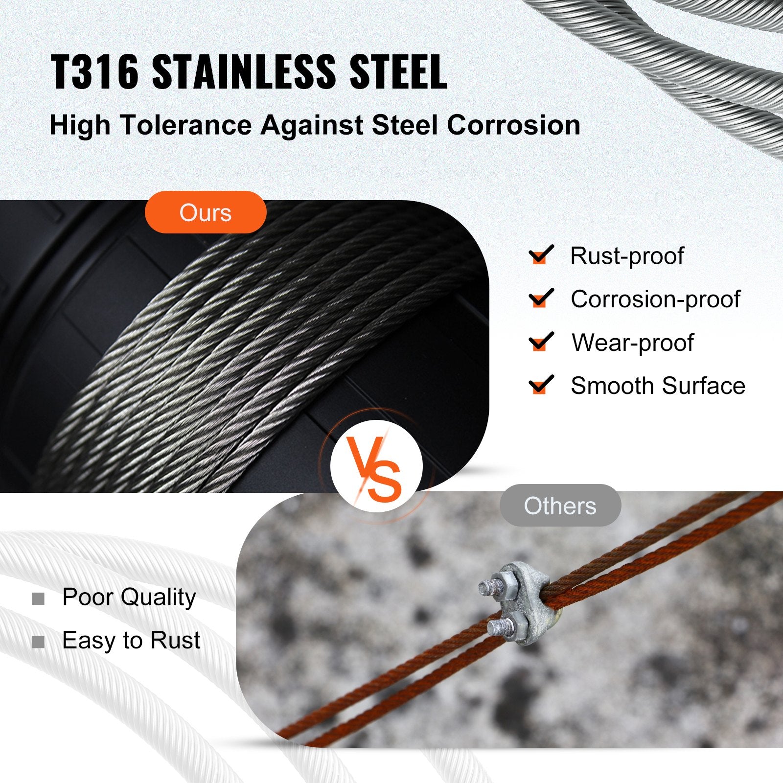 VEVOR 1/8 Stainless Steel Cable Railing 500ft, Wire Rope 316 Marine Grade, Braided Aircraft Cable 7x7 Strands Construction for Deck Rail Balusters Stair Handrail Porch Fence