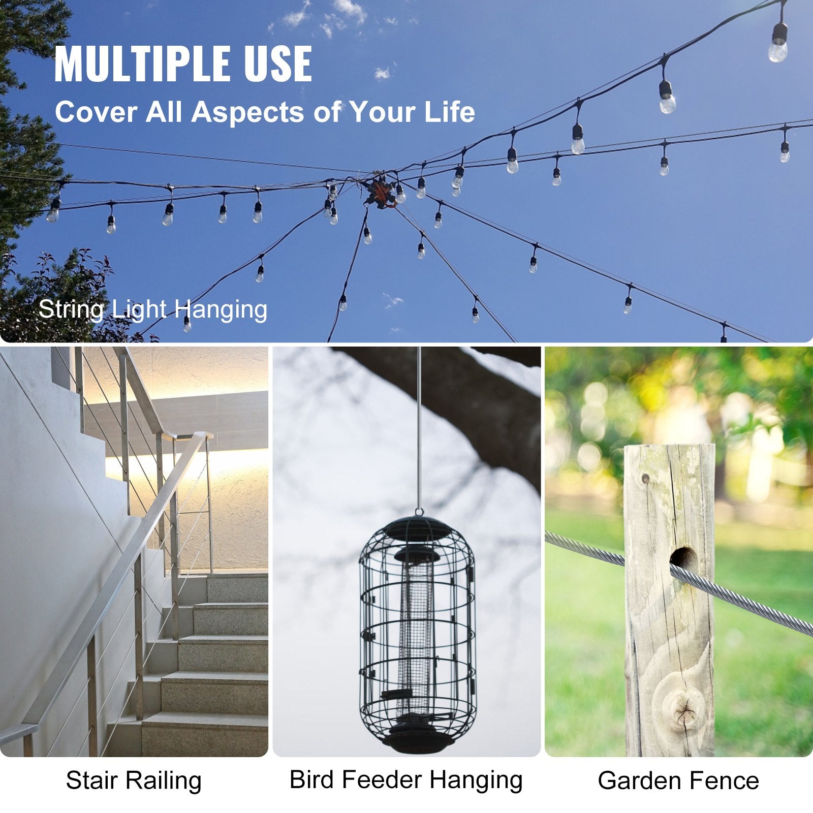VEVOR 1/8 Stainless Steel Cable Railing 500ft, Wire Rope 316 Marine Grade, Braided Aircraft Cable 7x7 Strands Construction for Deck Rail Balusters Stair Handrail Porch Fence