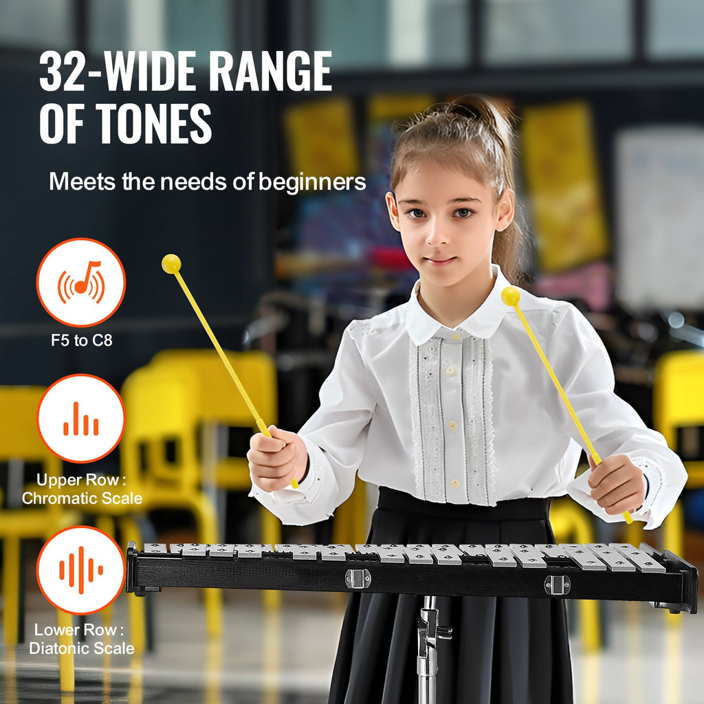 VEVOR 32 Note Glockenspiel Xylophone Bell Kit, Professional Percussion Instrument Set with Mallets, Drum Sticks, Music Stand, Adjustable Stand and Carrying Bag for Students & Adults