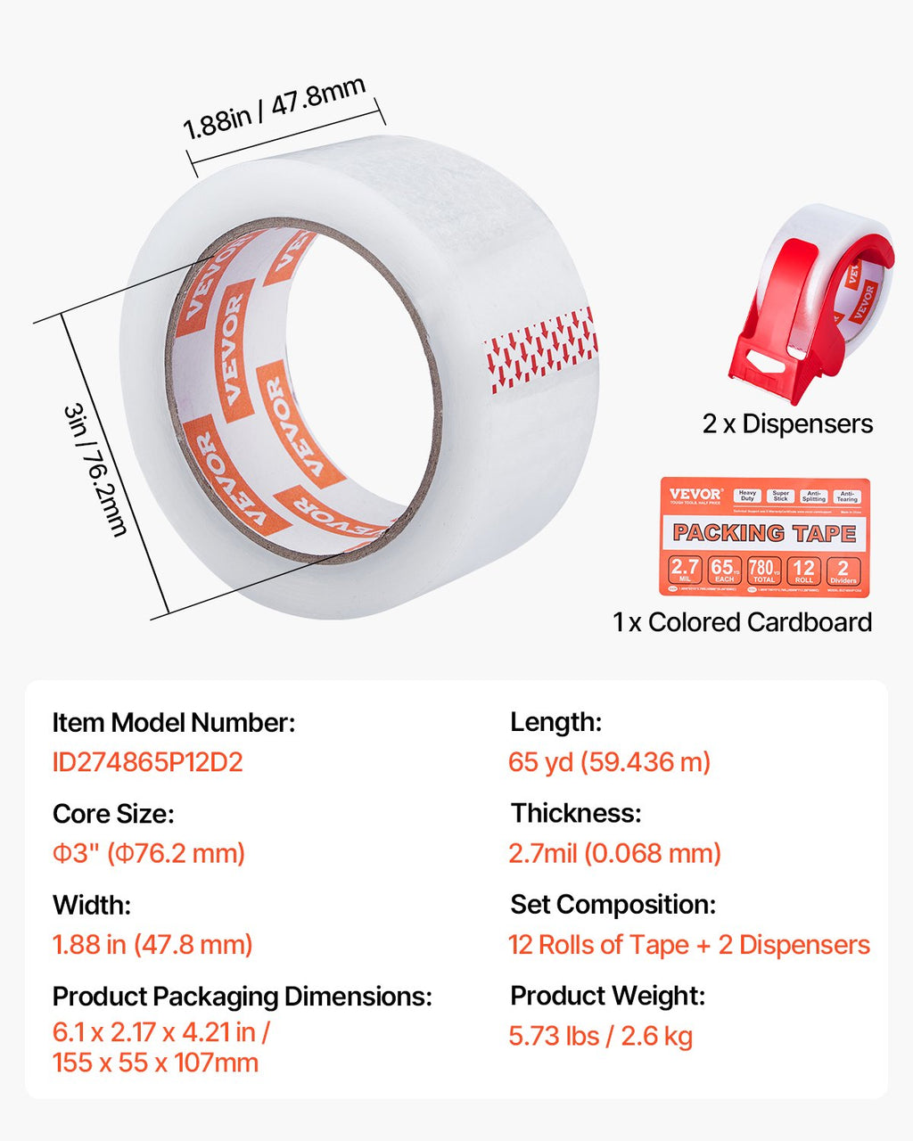 VEVOR Packing Tape 12 Rolls 65 Yards Clear Shipping Tape with Dispenser 2.7 Mil