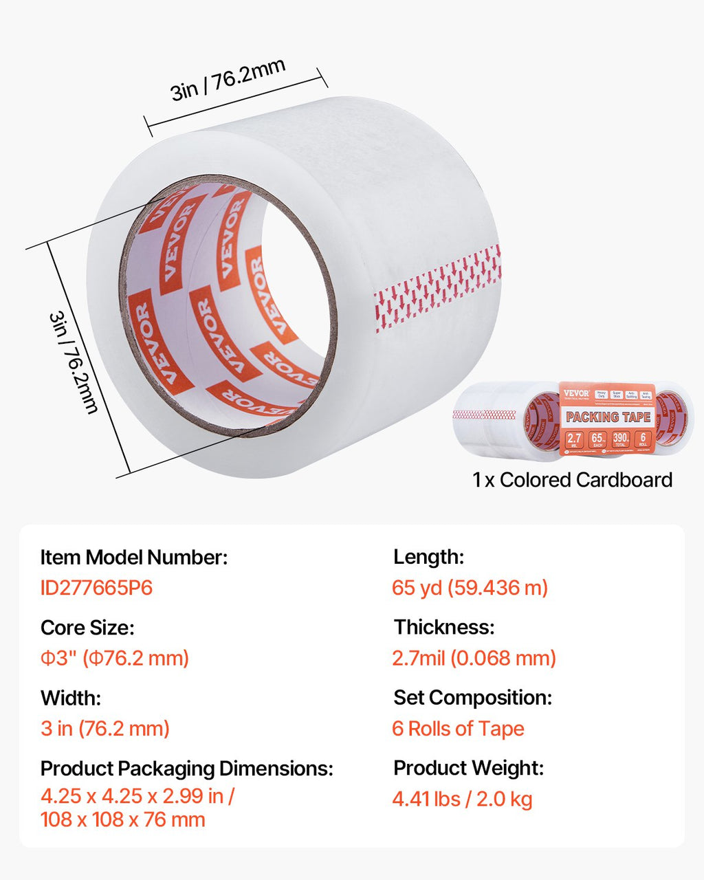 VEVOR Clear Packing Tape 6 Rolls 65 Yards Heavy Duty Clear Packing Tapes 2.7 Mil