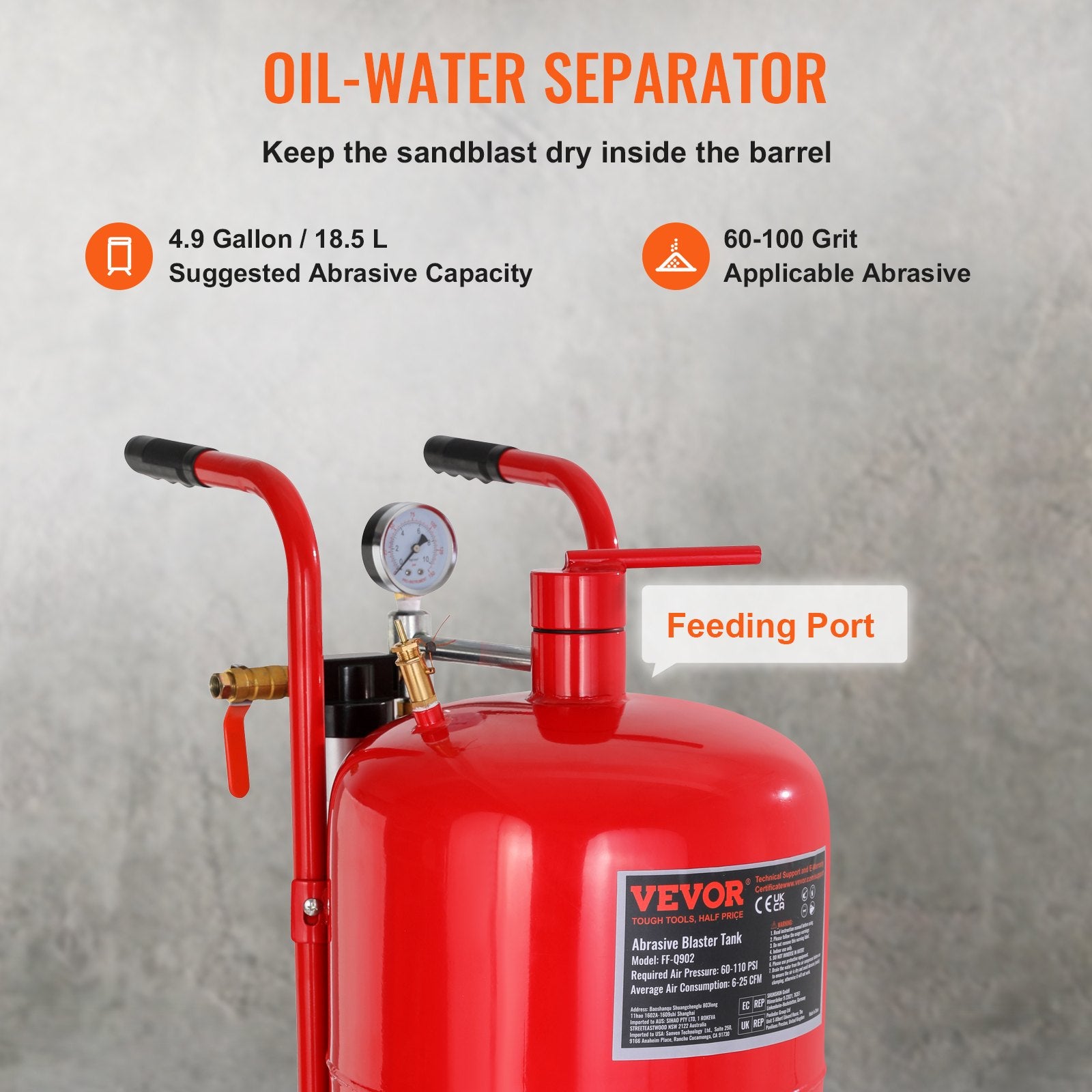 VEVOR 10Gal/40L Sandblaster Equipped w/Nozzle Shut-Off Valve Pressure Gauge Ceramic Nozzle Rubber Wheels Grit Power Sand Blasters Portable Sandblasting Equipment