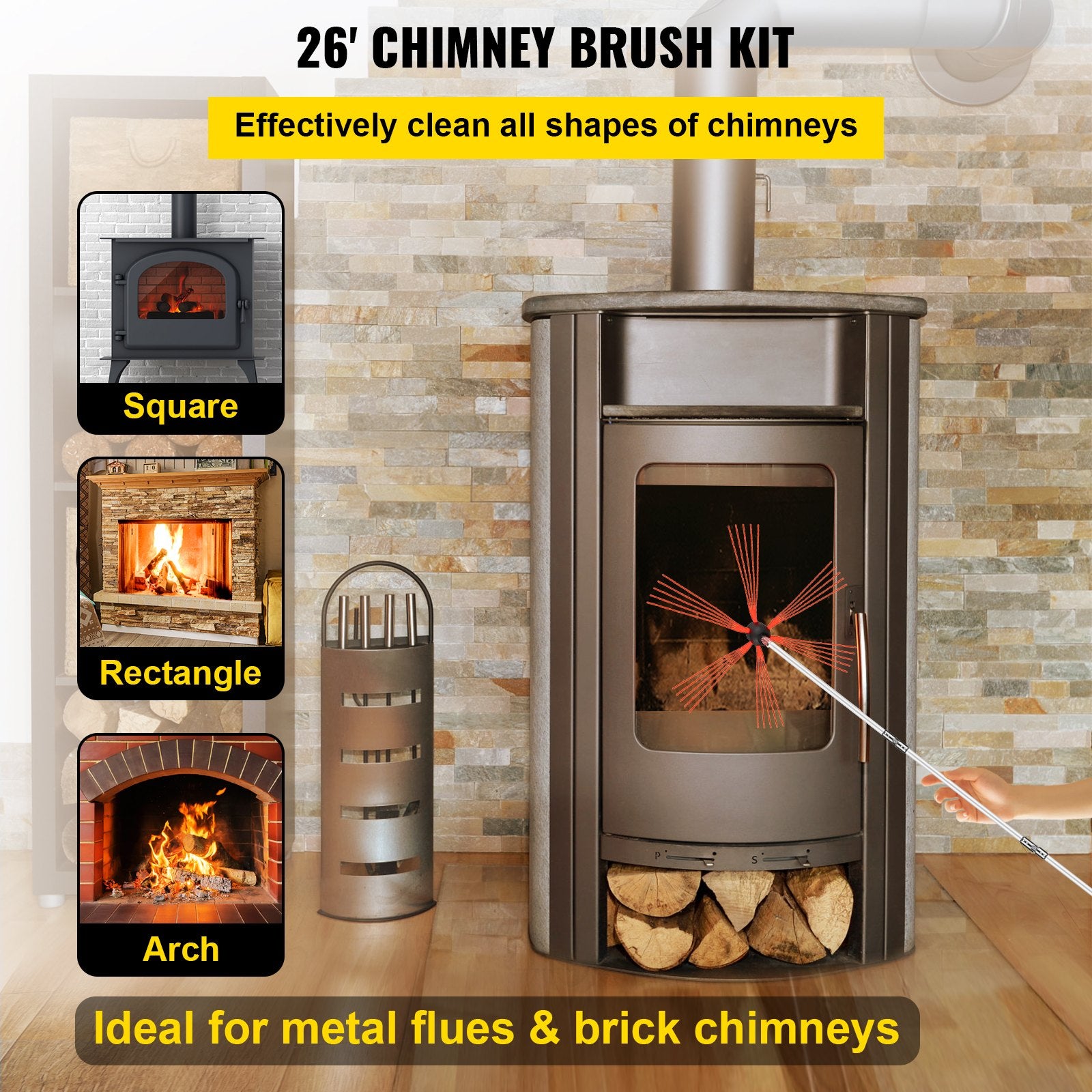 VEVOR Chimney Sweeping Brush Rotary Chimney Brush 315Inch Chimney Brush Rod Kit 8 Rods with Nylon Flexible Rods (8 Rods)