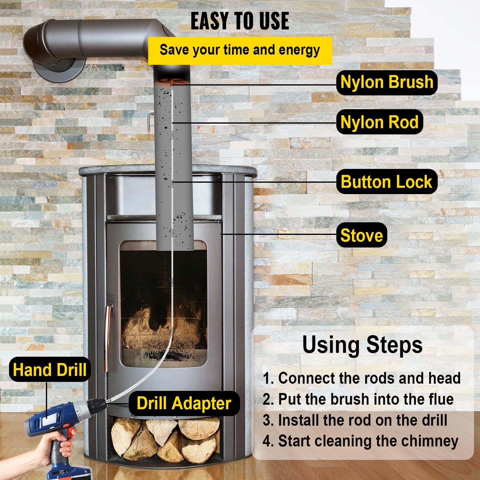 VEVOR Chimney Sweeping Brush Rotary Chimney Brush 315Inch Chimney Brush Rod Kit 8 Rods with Nylon Flexible Rods (8 Rods)