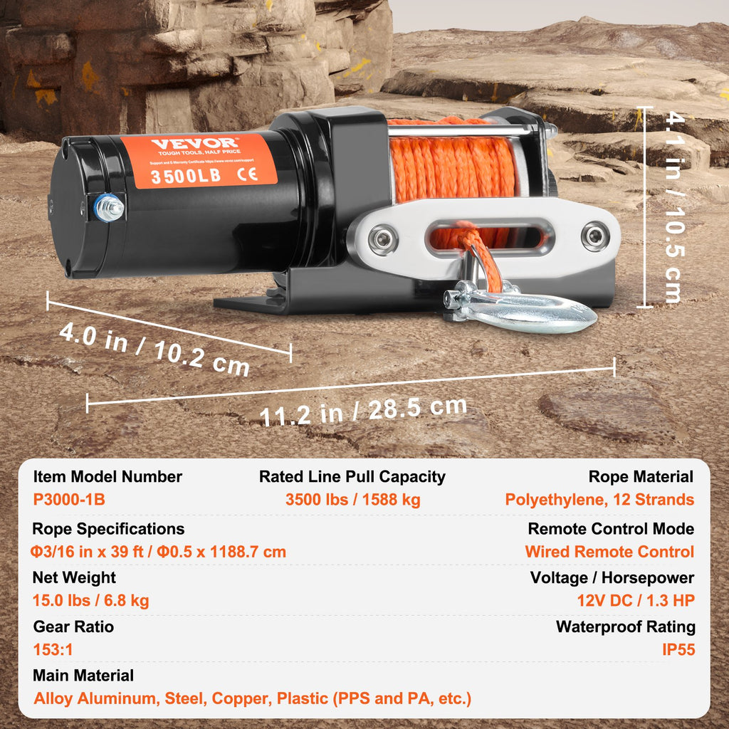 VEVOR Electric Winch, 1588 kg Line Pull Capacity, 12V DC ATV Winch with Φ0.5 x 1188.7 cm 12 Strands Synthetic Rope Aluminum Fairlead Wired Remote Control, IP55 Waterproof for Towing ATV Boat