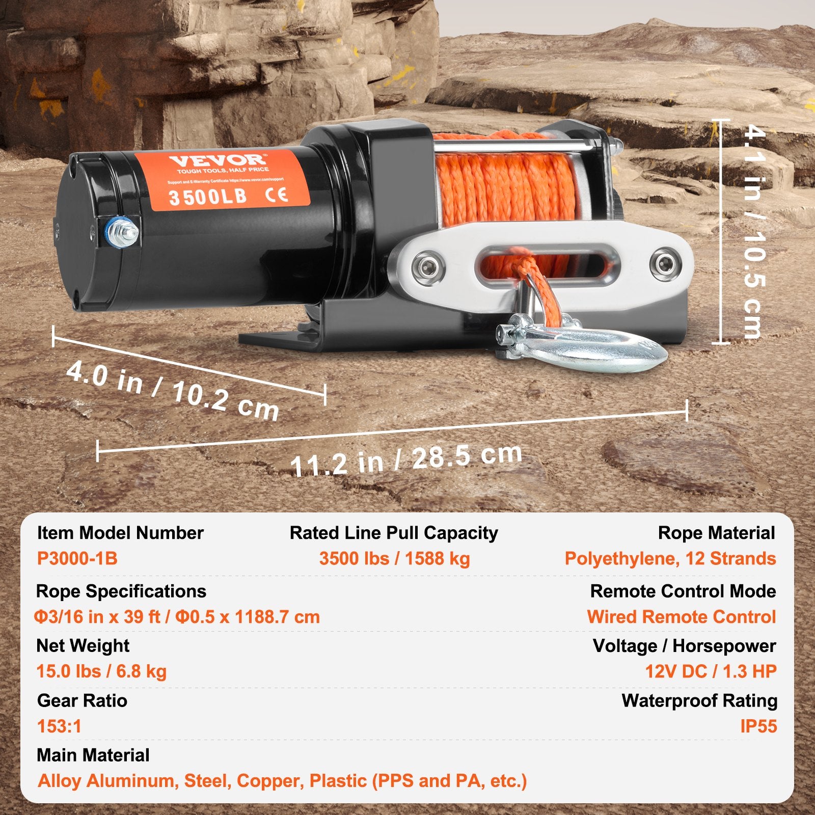 VEVOR Electric Winch, 1588 kg Line Pull Capacity, 12V DC ATV Winch with Φ0.5 x 1188.7 cm 12 Strands Synthetic Rope Aluminum Fairlead Wired Remote Control, IP55 Waterproof for Towing ATV Boat