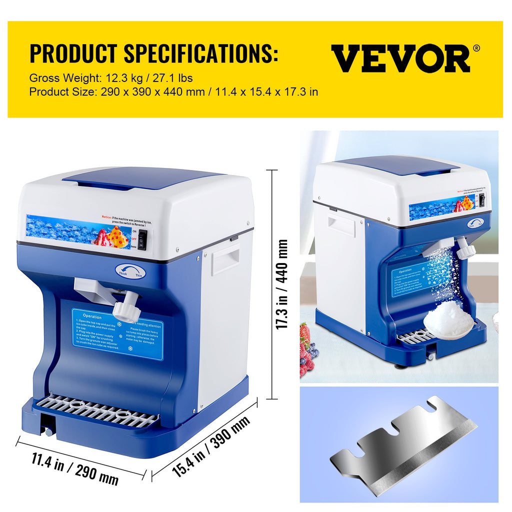VEVOR Ice Shaver 265LBS/Hour Snow Cone Frozen Ice Shaving Slushie Dessert Maker Stainless Steel Food Grade for Kitchen Home Bars