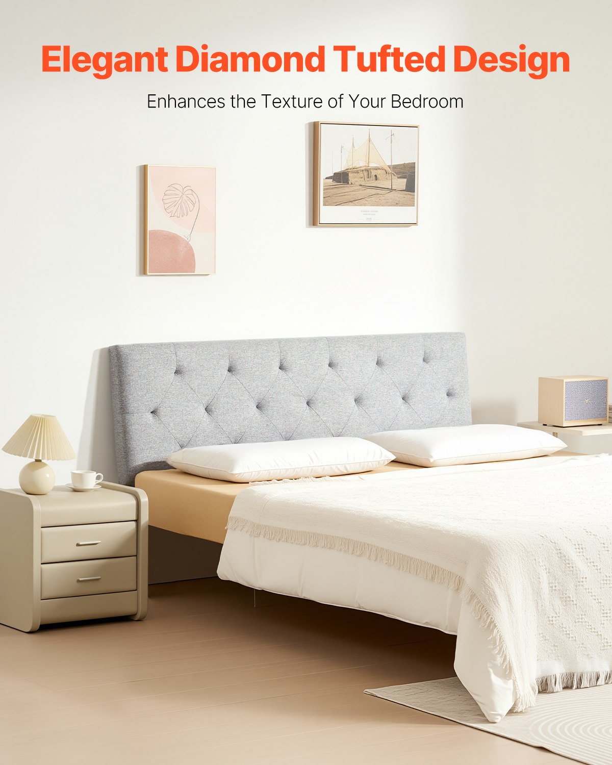 VEVOR Headboard, Full Size Headboard with Adjustable Height, Comfortable Diamond Tufted for Full Size Bed, W 56.3 x H（35.6-47.4）inches, Ideal for Bedroom, Hotel, Homestay, Dormitory, Light Grey