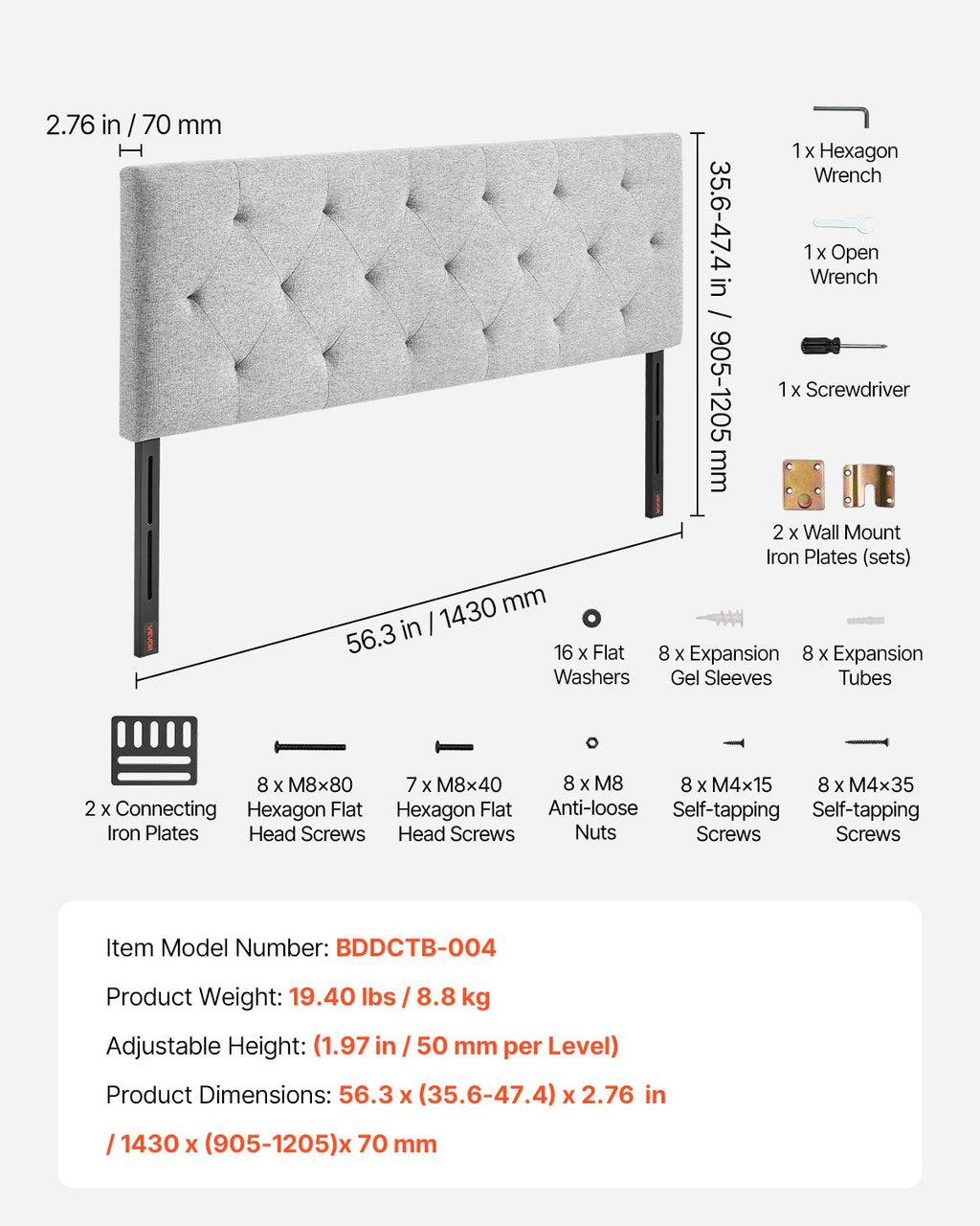 VEVOR Headboard, Full Size Headboard with Adjustable Height, Comfortable Diamond Tufted for Full Size Bed, W 56.3 x H（35.6-47.4）inches, Ideal for Bedroom, Hotel, Homestay, Dormitory, Light Grey