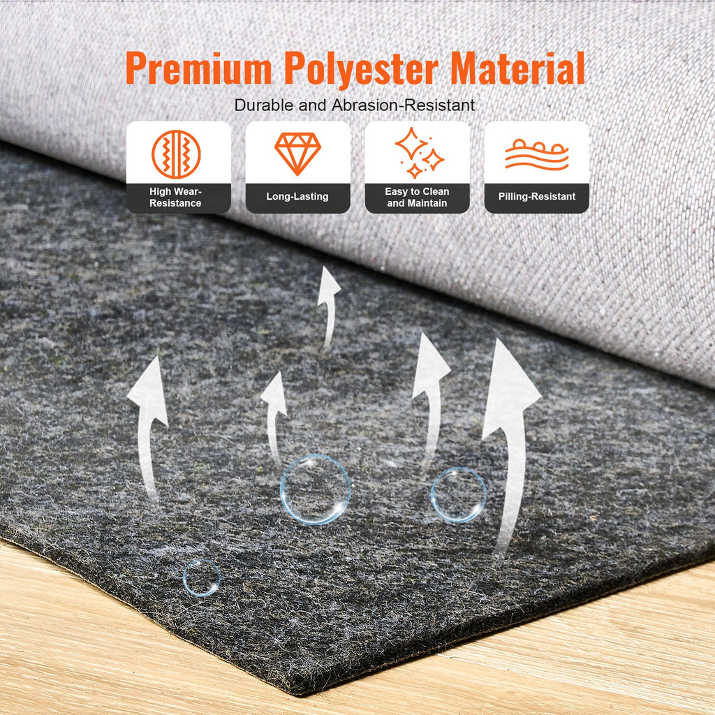 VEVOR Rug Pad Without Slip Resistance, Protective Cushioning Carpet Pad, 8' x 10', 1/2"Thick, 100% Pure Polyester Felt, 7-8㎡ Premium Comfort Underfoot Carpet Padding Rug Cushion for All Floors, Gray