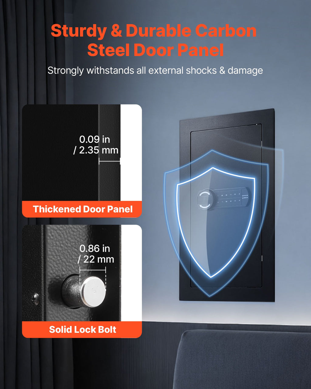 VEVOR Wall Safe, 3-Tier Hidden Wall Mounted Safe with Password & Key, Q235 Cold-Rolled Steel In-Wall Box with LED Lighting, 2 Adjustable Shelves & 5 Key Holders for Money, Jewelry, Passport, Black
