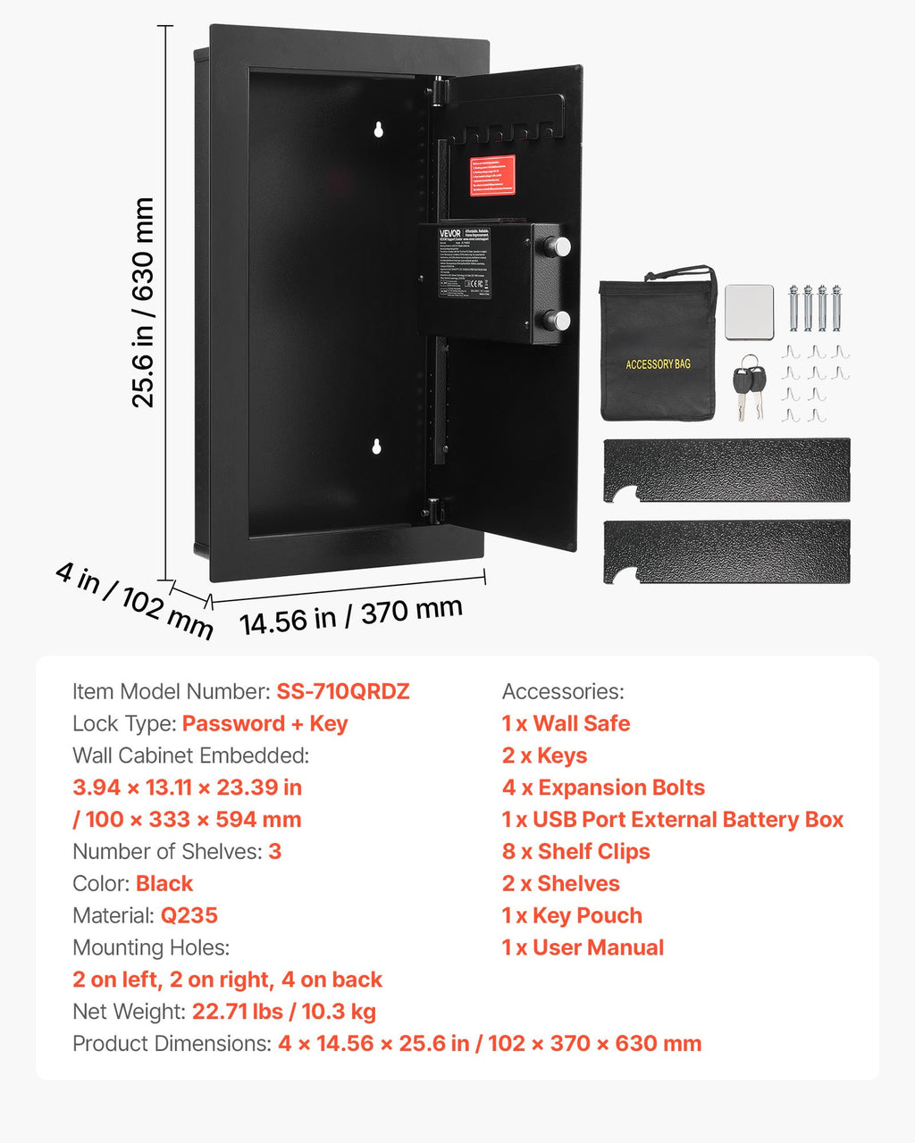 VEVOR Wall Safe, 3-Tier Hidden Wall Mounted Safe with Password & Key, Q235 Cold-Rolled Steel In-Wall Box with LED Lighting, 2 Adjustable Shelves & 5 Key Holders for Money, Jewelry, Passport, Black