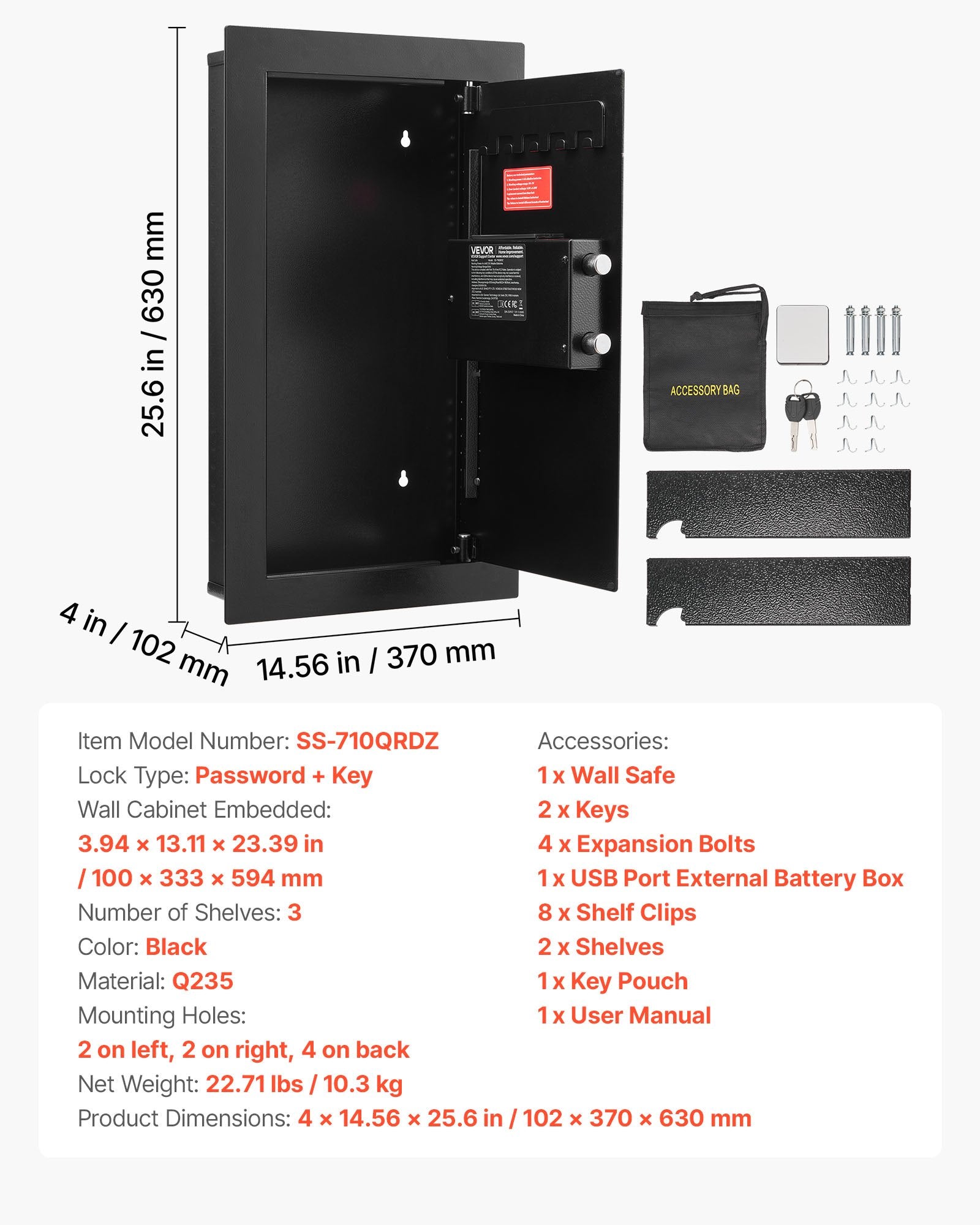 VEVOR Wall Safe, 3-Tier Hidden Wall Mounted Safe with Password & Key, Q235 Cold-Rolled Steel In-Wall Box with LED Lighting, 2 Adjustable Shelves & 5 Key Holders for Money, Jewelry, Passport, Black