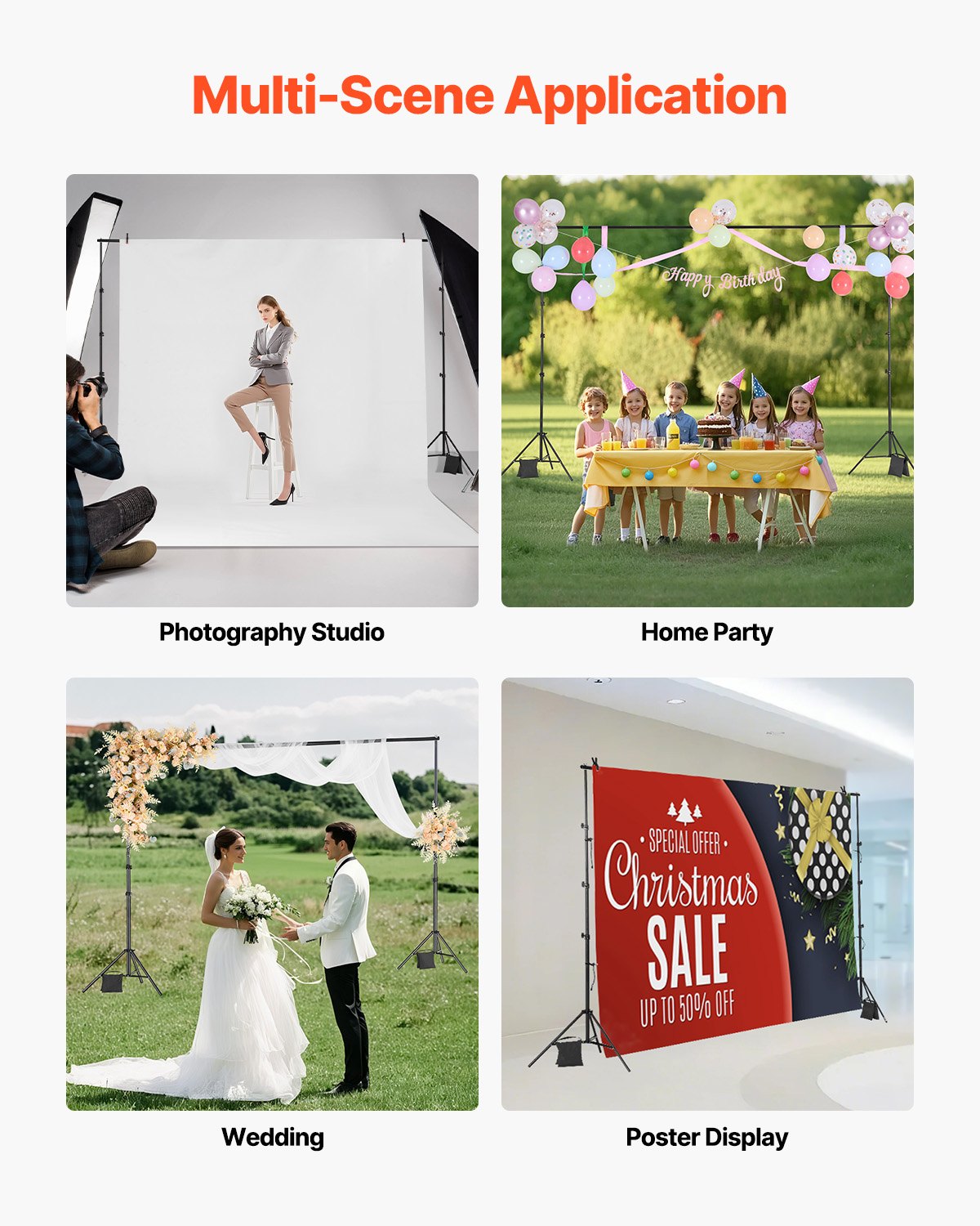 VEVOR Backdrop Stand, 298 x 300 cm Adjustable Photo Backdrop Stand Kit, Portable Background Backdrop Stand with 4 Crossbars, Heavy Duty Projector Screen Stand, for Wedding, Photo Video Studio & Party