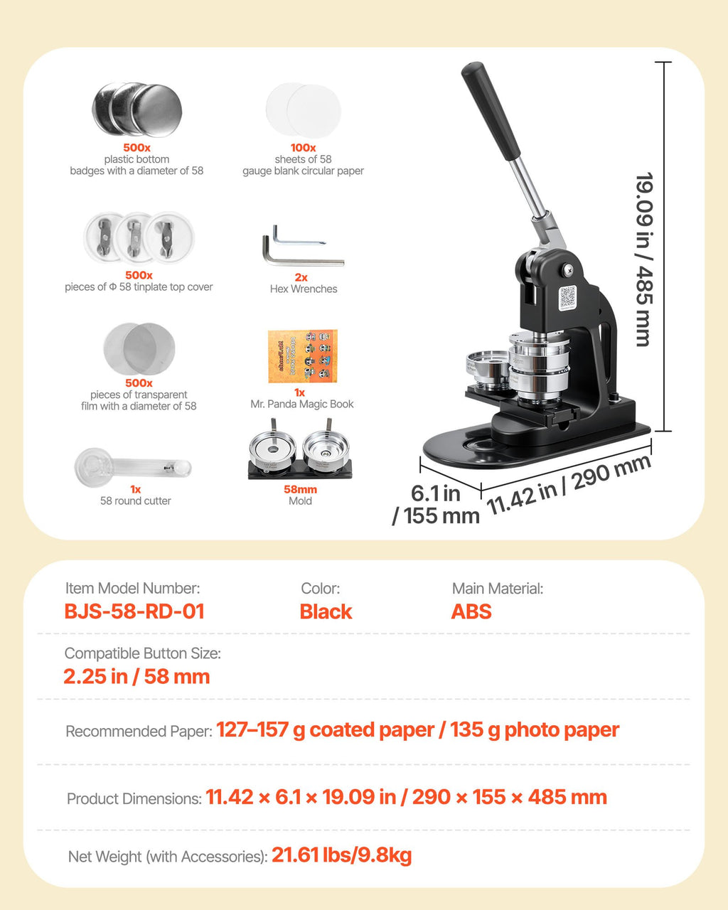 VEVOR Button Maker Machine, 58 mm, Pin Maker Machine with 500pcs Button Parts, Circle Cutter, Hex Wrenches and Magic Book, Ergonomic Handle, for DIY Badges, Personalized Pins and Key Chains, Black